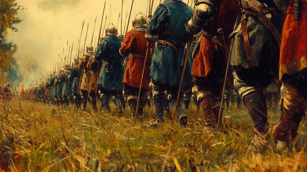 A medieval army marching