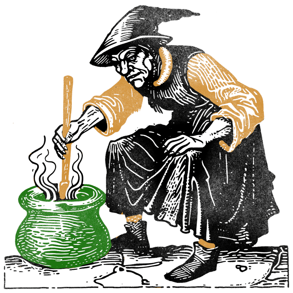 A witch at a cauldron brewing a potion.
