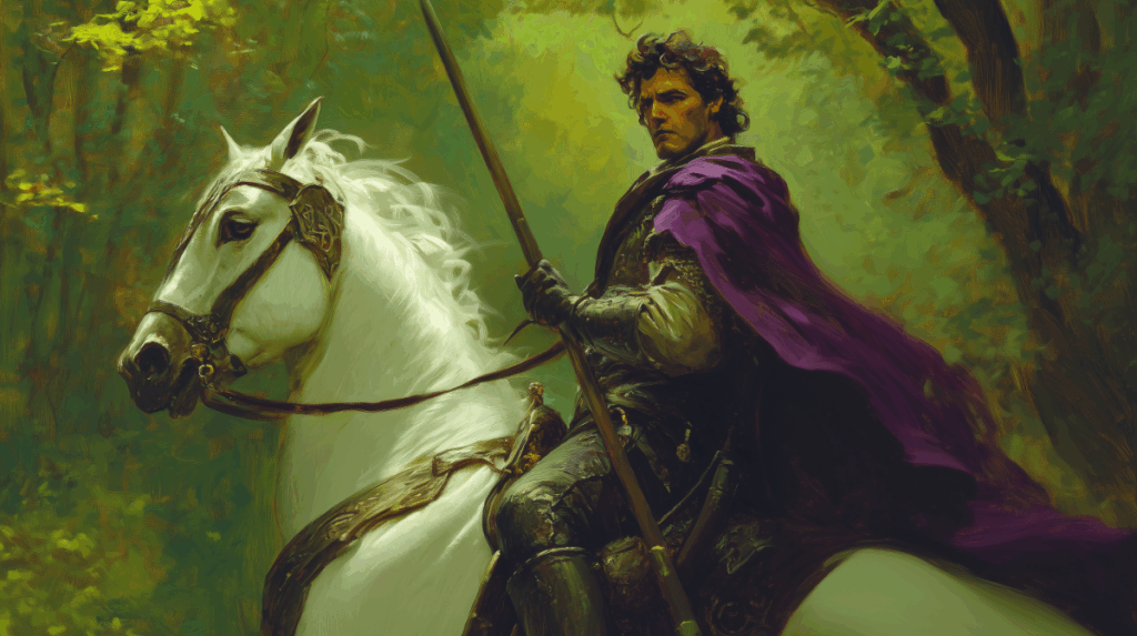 A shining knight on a white horse.