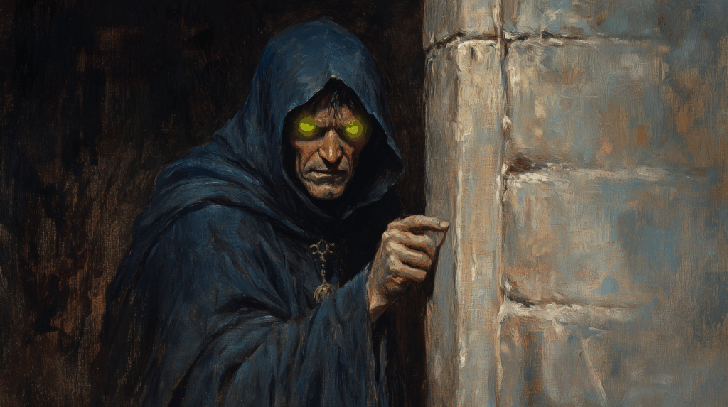 An illusionist peering around a corner.